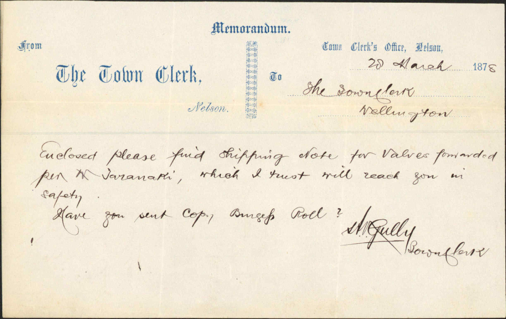 Re shipping note for valves per Taranaki - Town Clerk, Nelson