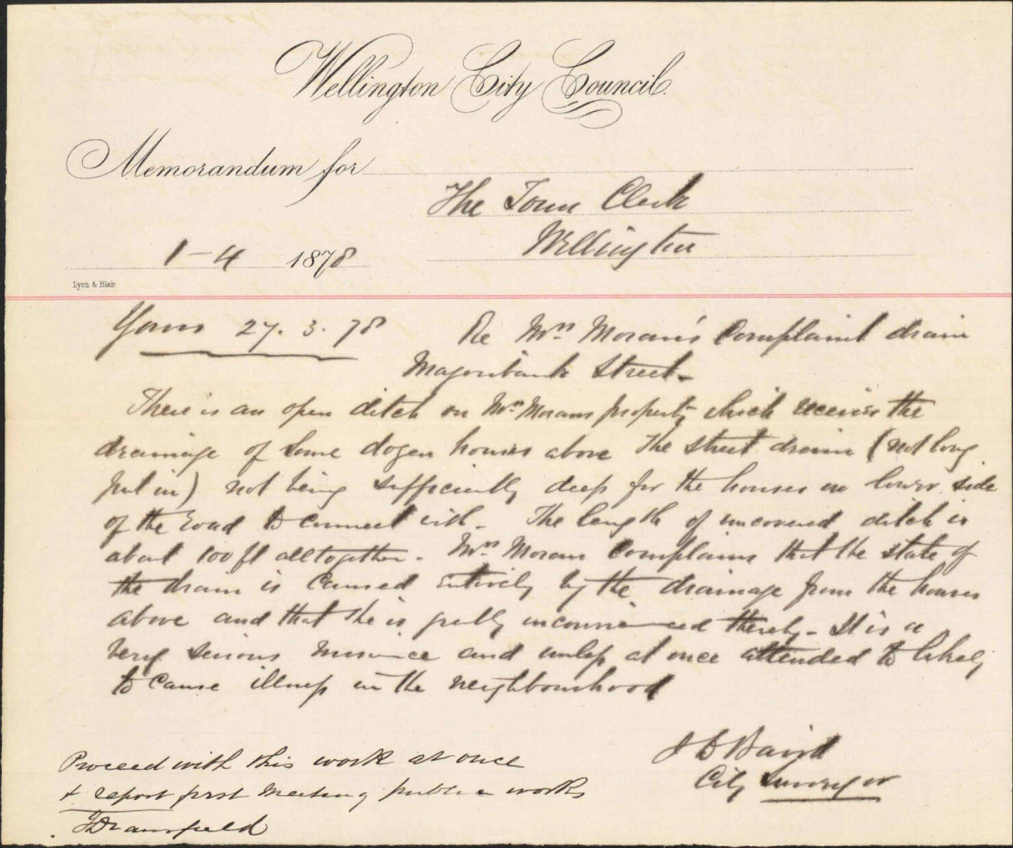 Re memo to Town Clerk re state of drain, Majoribanks Street - J Baird, City Surveyor