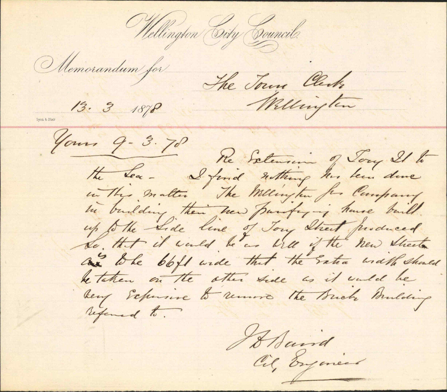 Re memo to Town Clerk re extension of Tory Street to the sea -J Baird, City Engineer