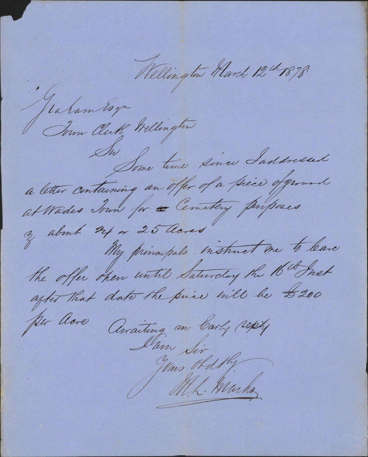 Re land in Wadestown for cemetery purposes