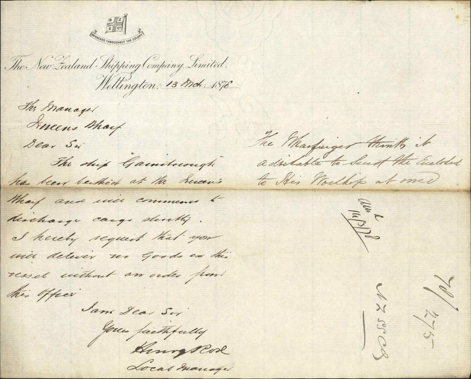 Re delivering goods to ship Gainsborough, now unloading Queens Wharf - New Zealand Shipping Co. Ltd.