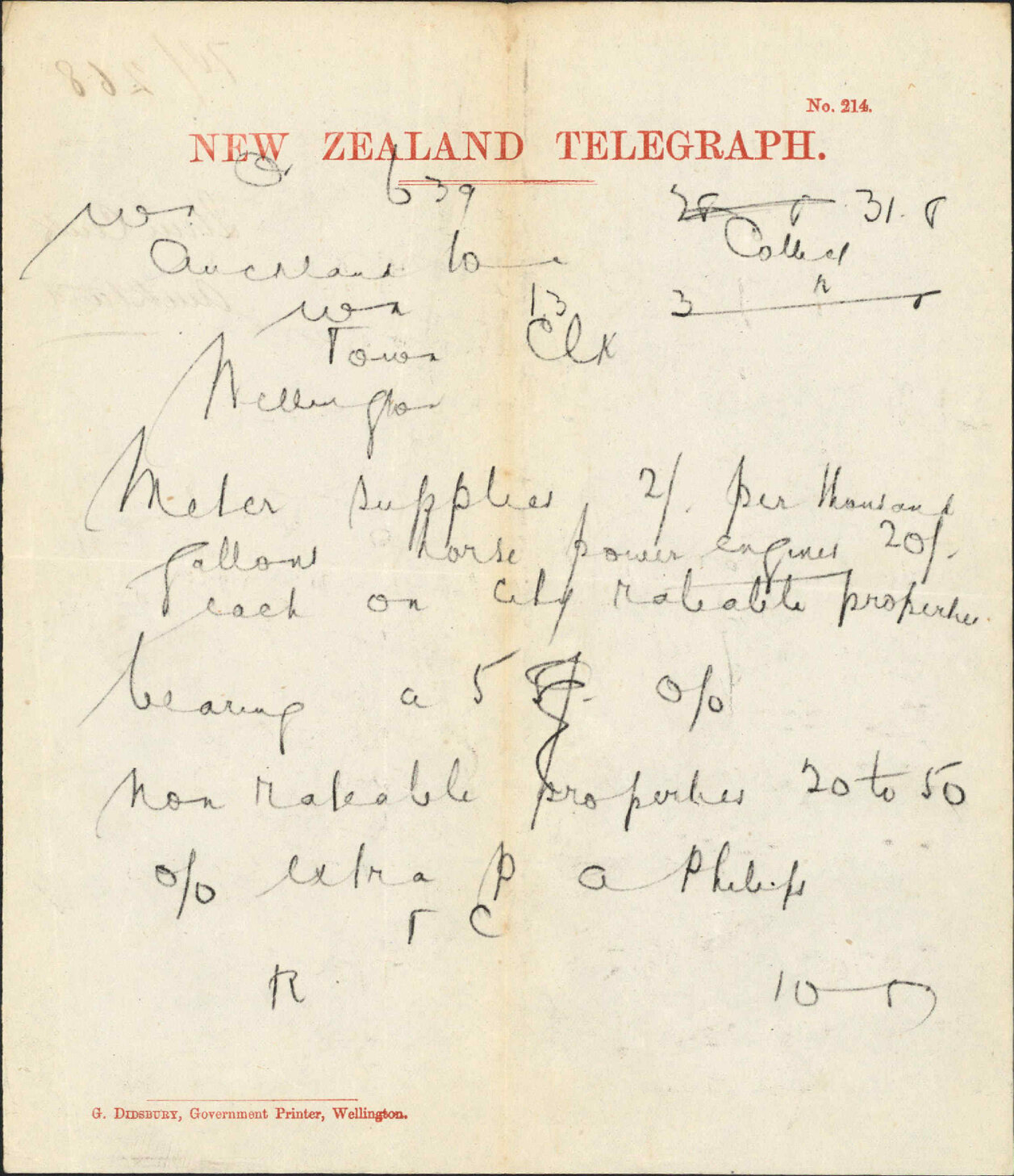 Re water supply rates - Town Clerk, Auckland