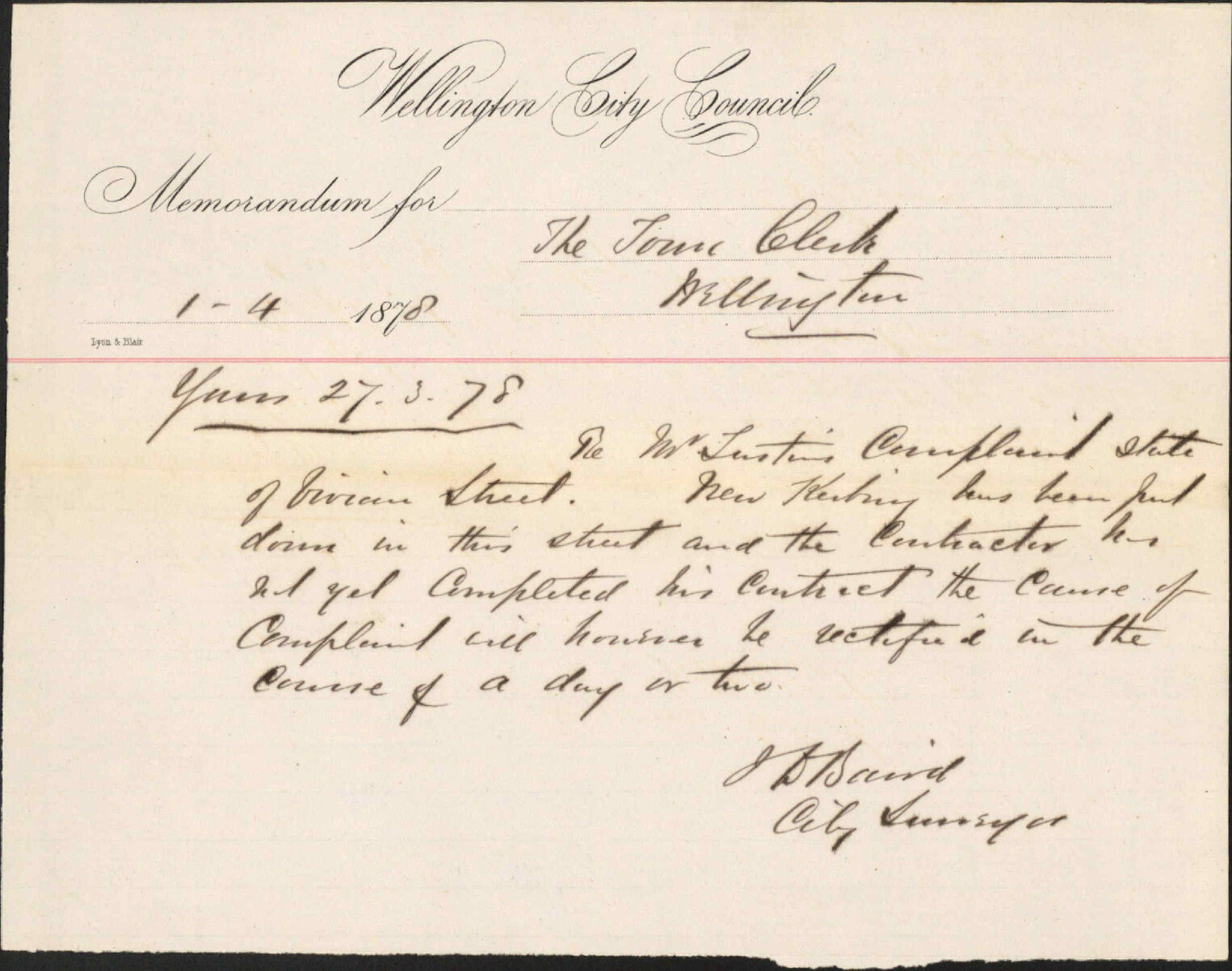 Re memo to Town Clerk re complaint re state of Vivian Street - J Baird, City Surveyor