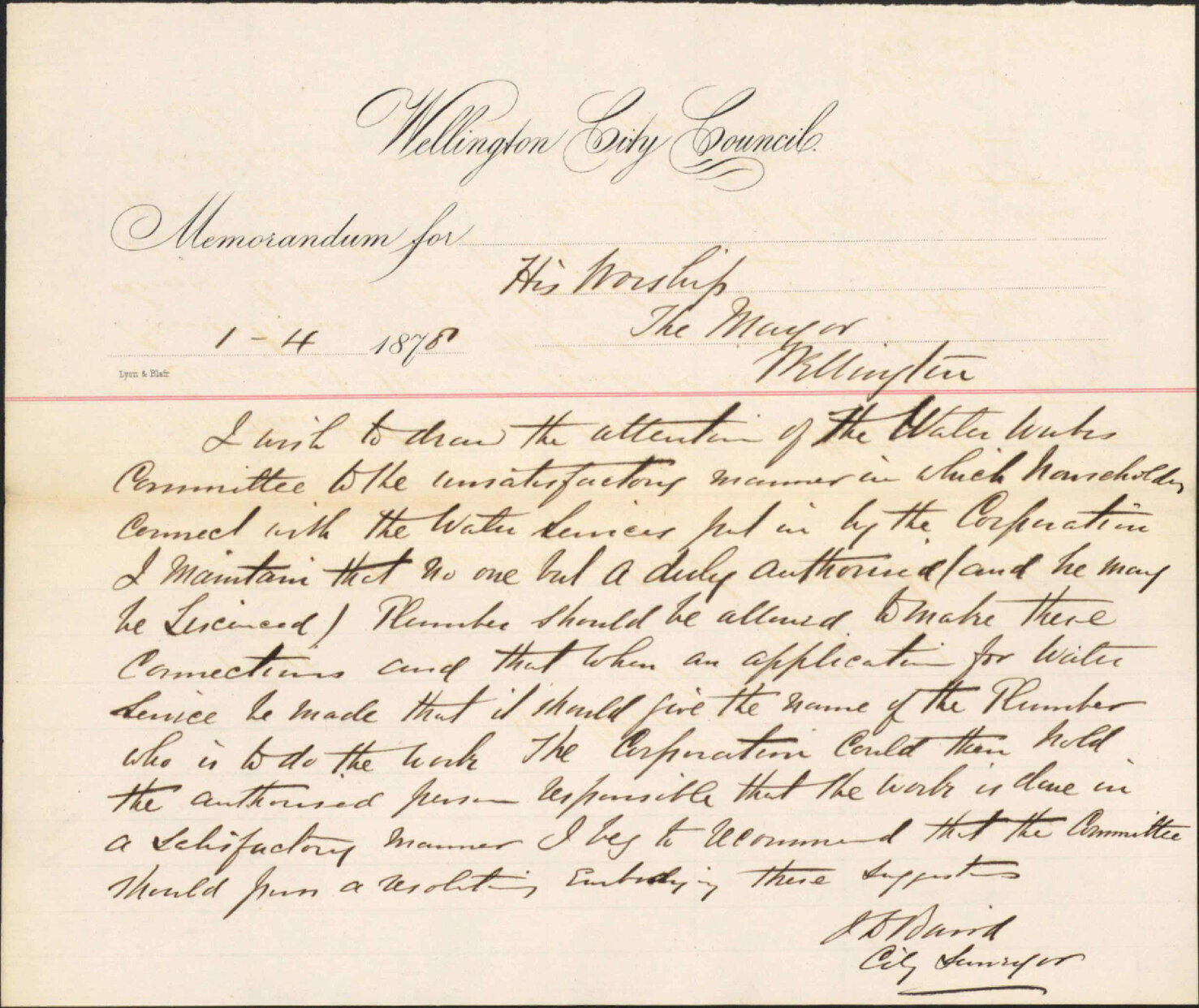 Re memo to Mayor connecting to water supply - J Baird, City Surveyor