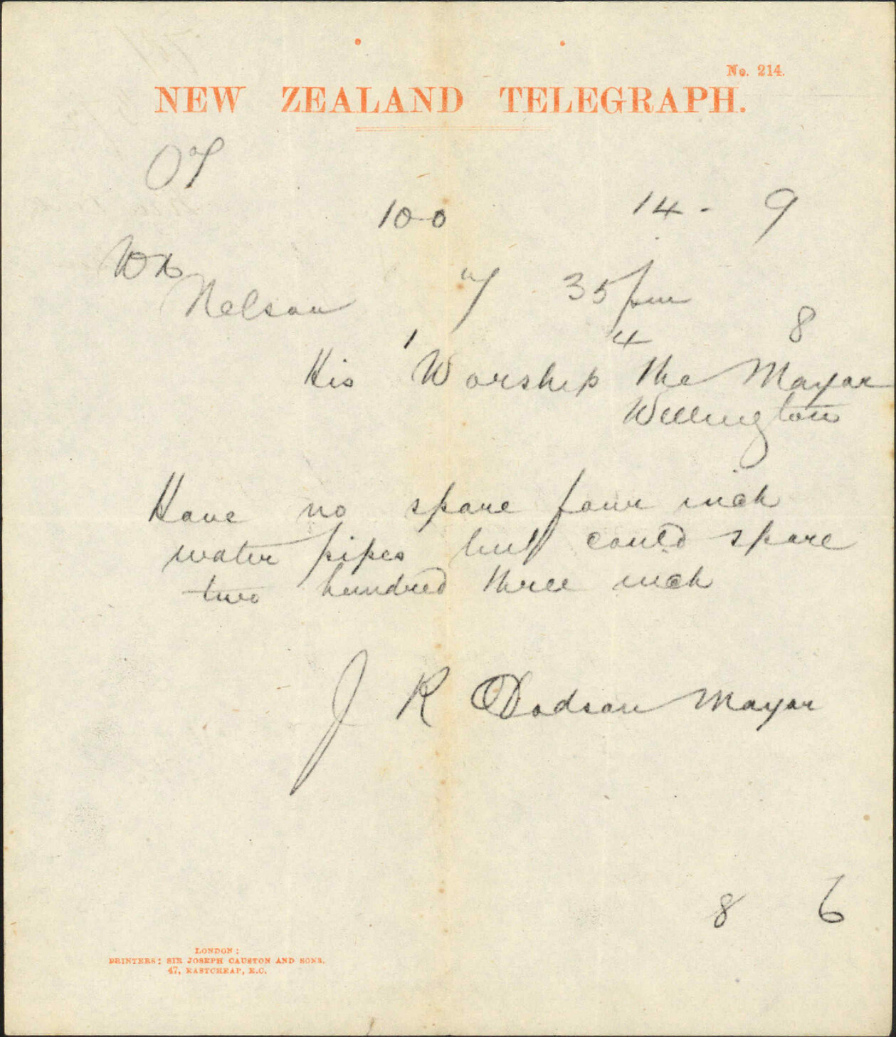 Re waterworks - Town Clerk, Nelson