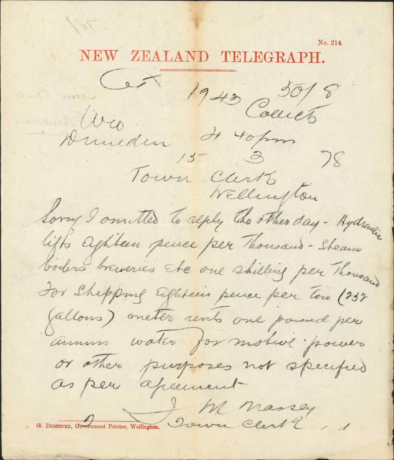 Re water rates - Town Clerk, Dunedin