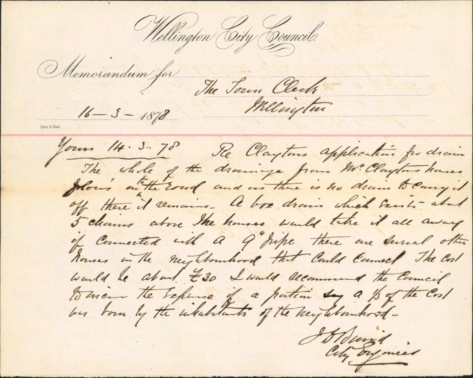 Re memo to Town Clerk re Claytons application for drain - City Engineer