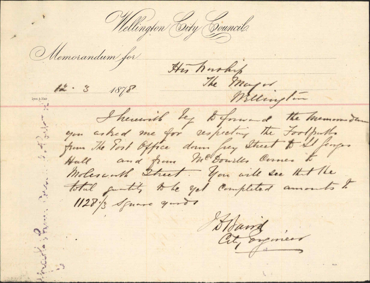 Re memo to Mayor re footpaths -J Baird, City Engineer