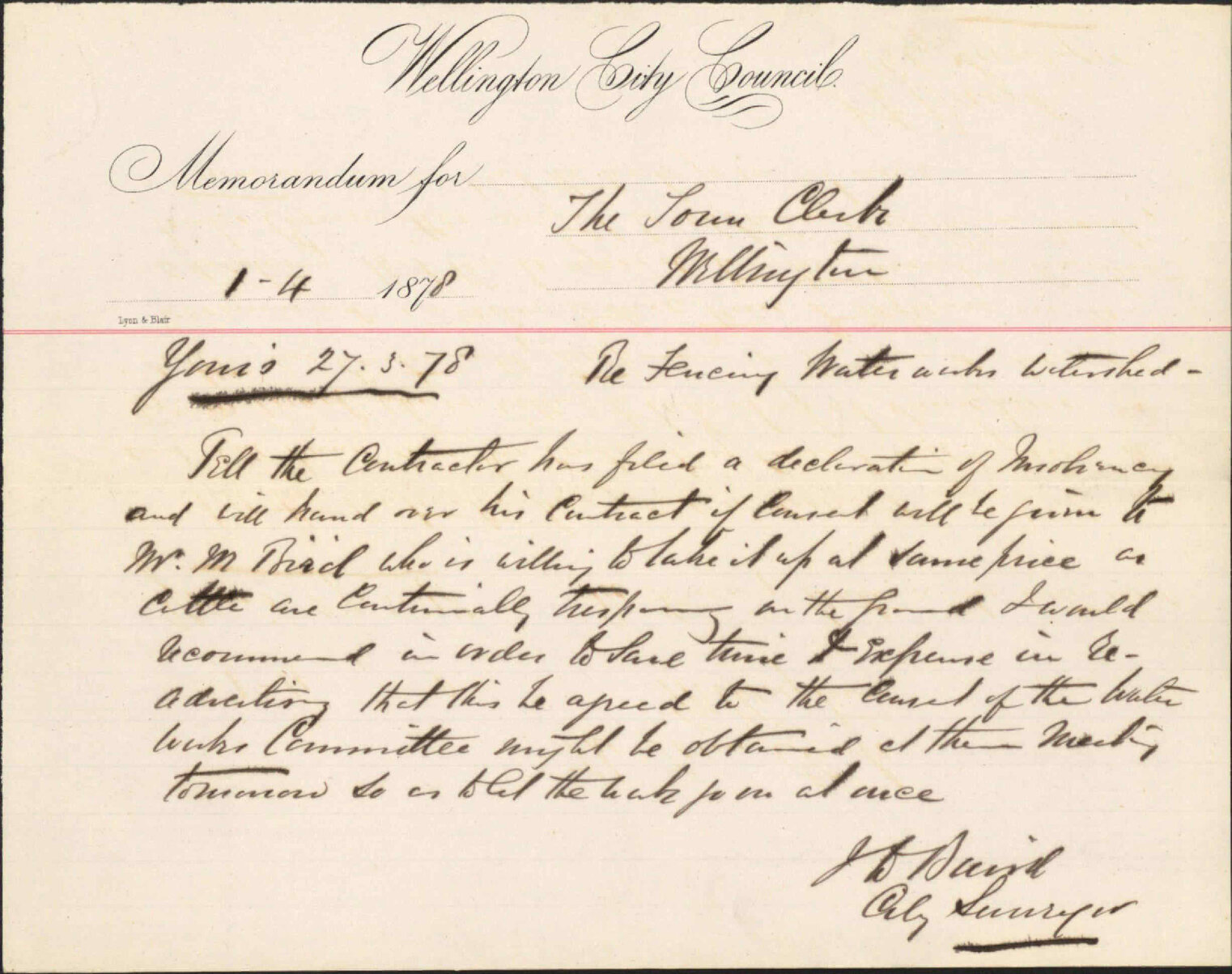 Re memo to Town Clerk re fencing waterworks watershed - J Baird, City Surveyor