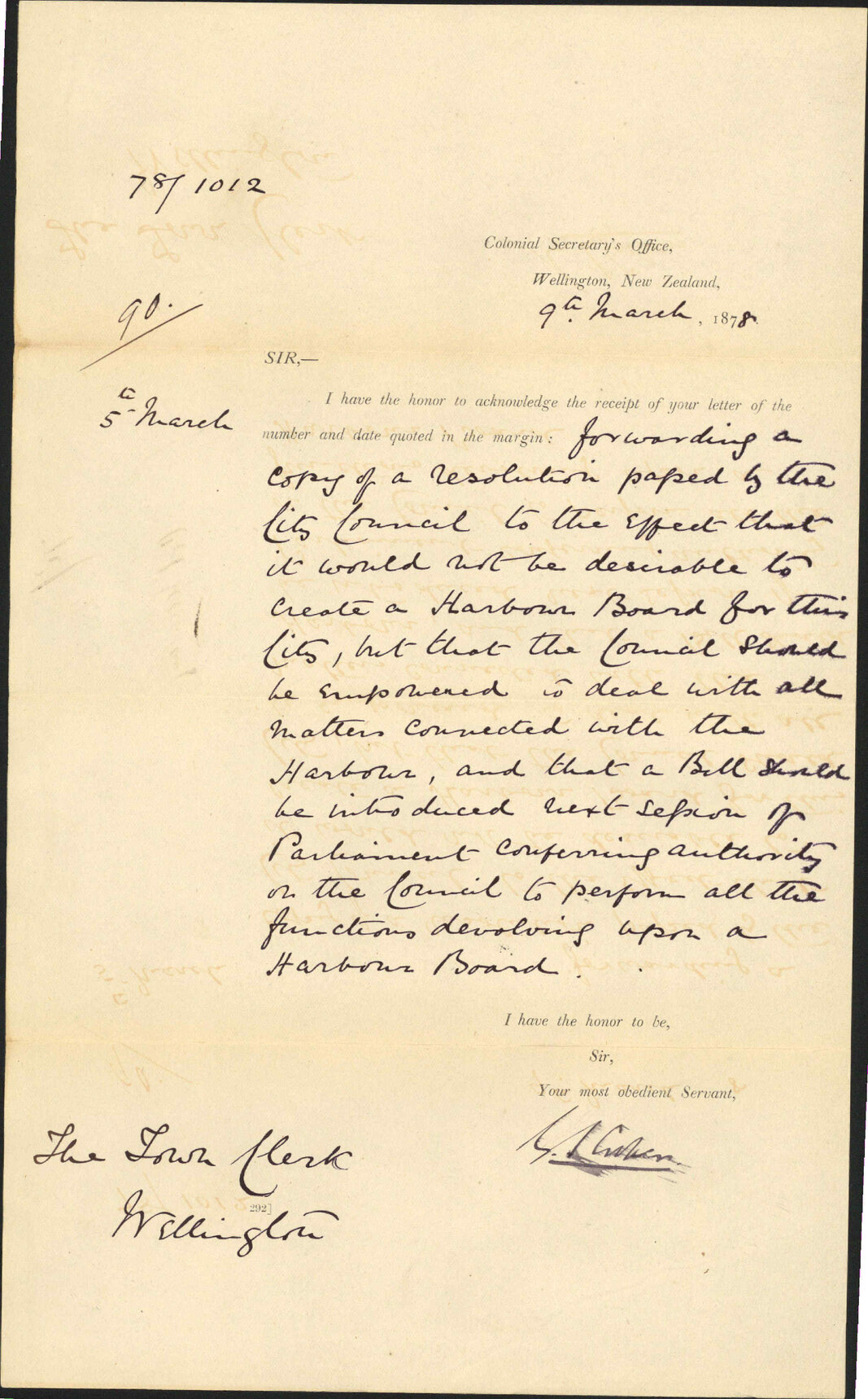 Re receipt of letter re creating a harbour board - Colonial Secretary's Office