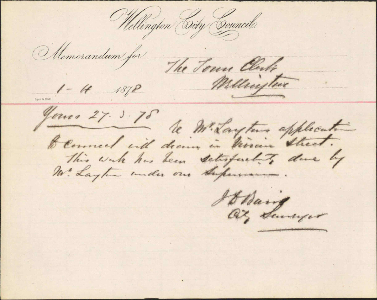 Memo to Town Clerk re Mr Layton's application to connect with drain in Vivian Street - J Baird, City Surveyor