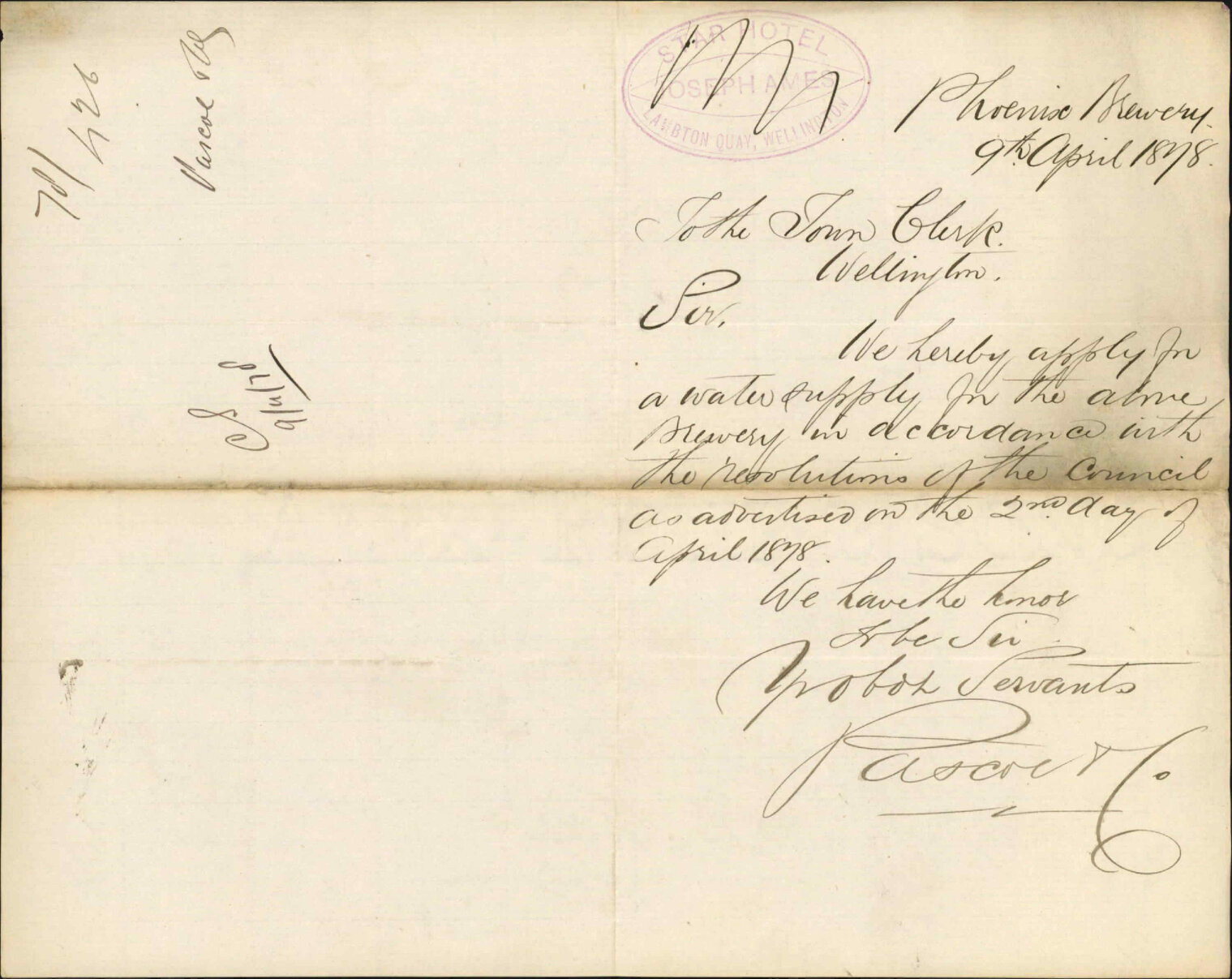 Asking for supply of water for brewing purposes - Vascoe and Co