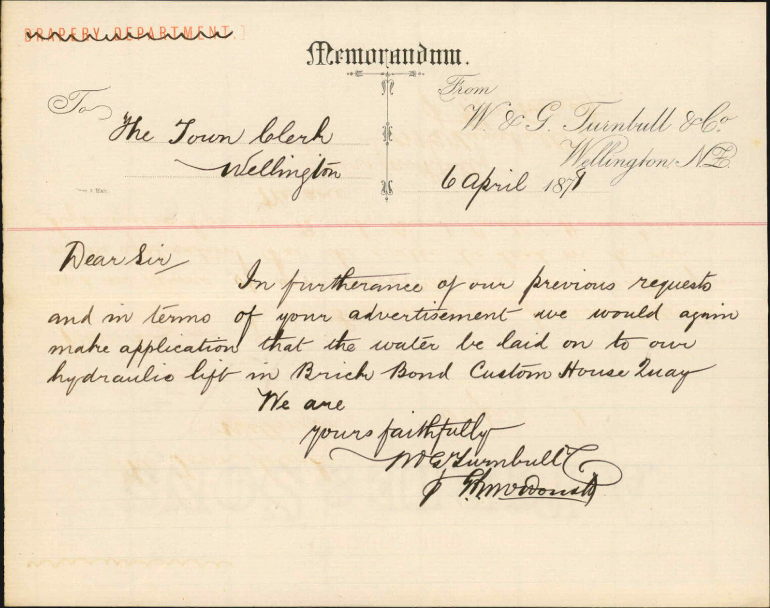 Memo to Town Clerk re laying water to hydraulic lift in brick bond Customhouse Quay - W and G Turnbull and Co