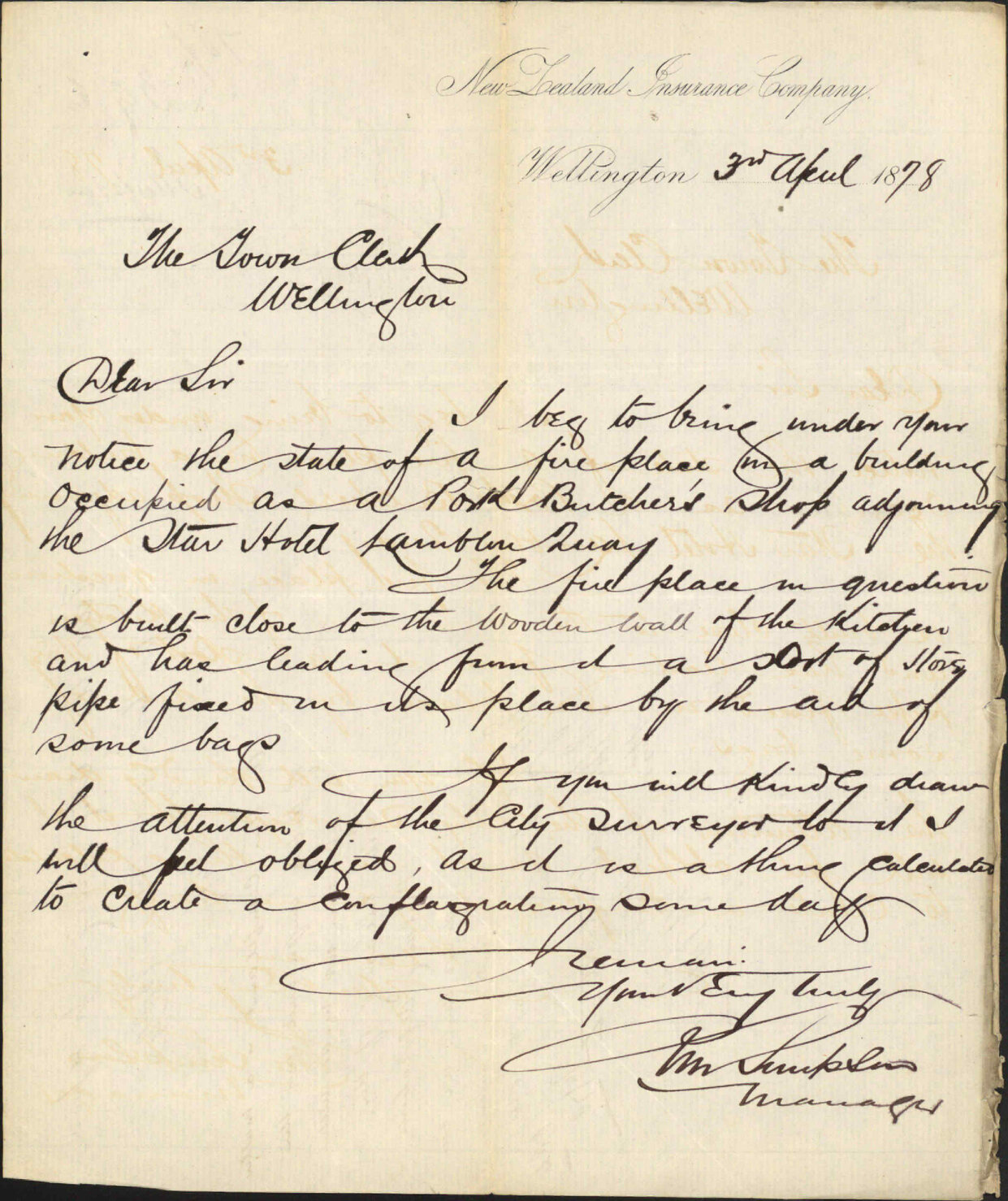 Re state of fireplace in building Lambton Quay - New Zealand Insurance Co