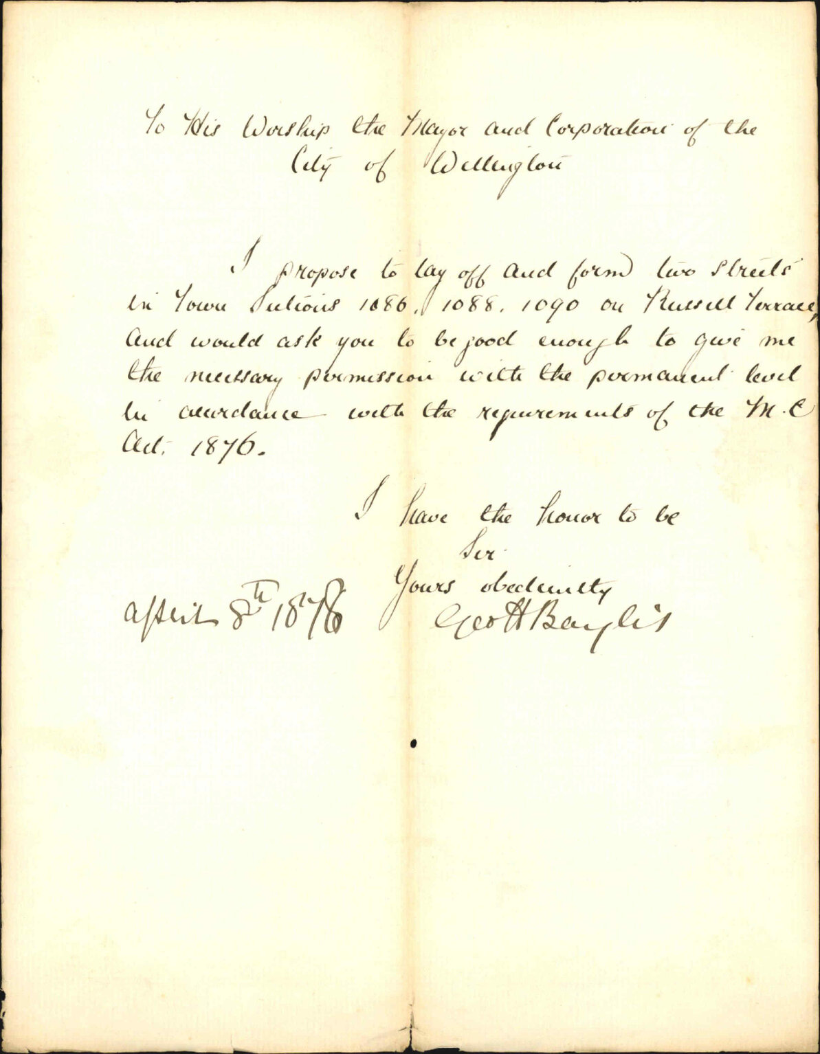 Re asking permission and for level to lay off two streets, Town Acres 1086, 1088, 1090, on Russell Terrace - George H Baylis