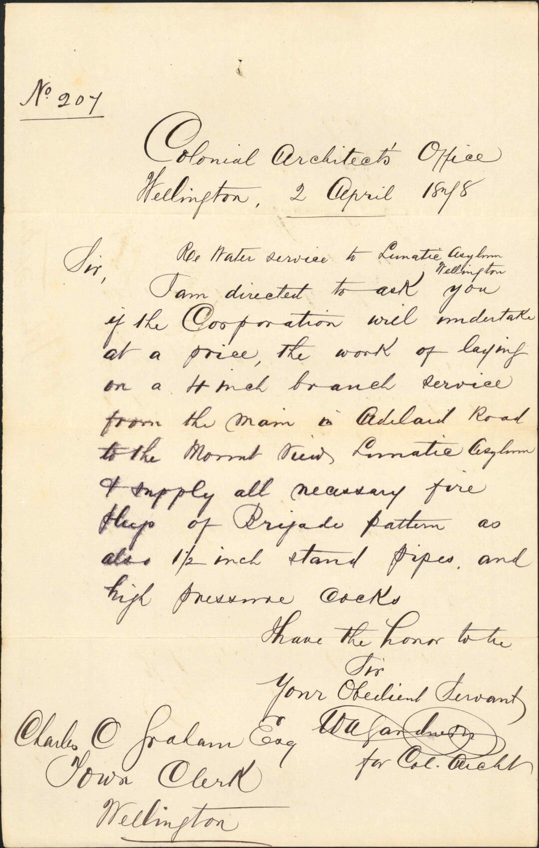 Re water service to lunatic asylum - Colonial Architect's Office