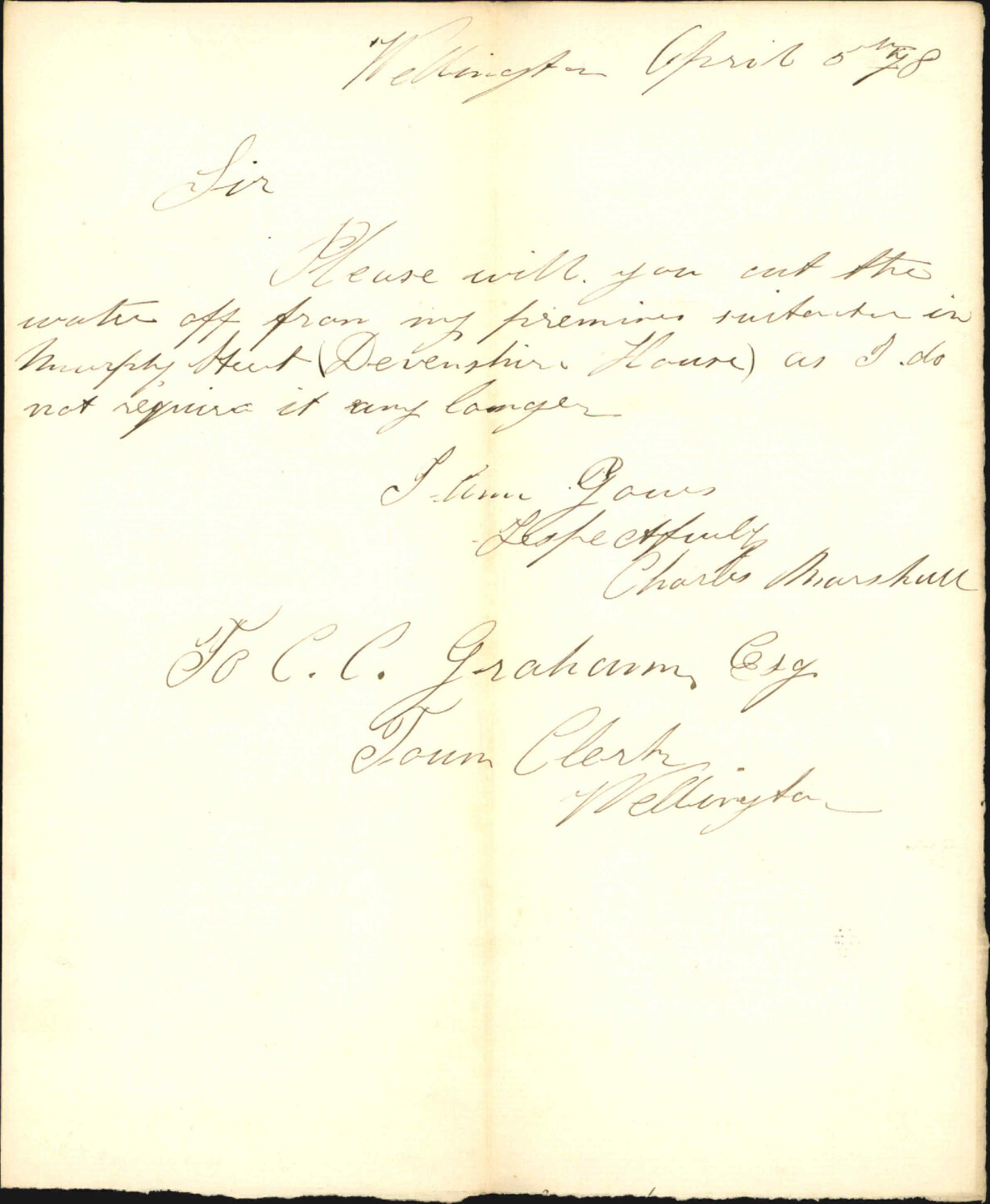 Re asking for water to be cut off from premises (Devonshire House) in Murphy Street - Charles Marshall
