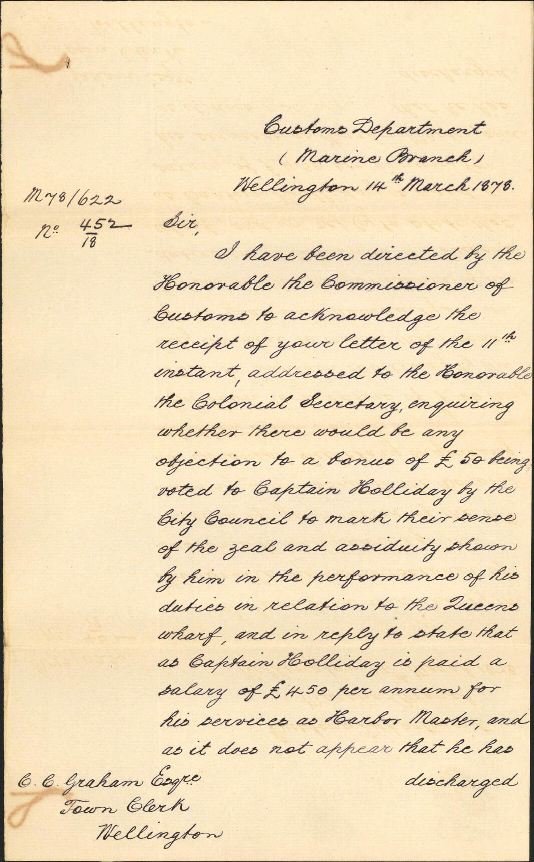 Re paying bonus to Captain Holliday in relation to duties at Queens Wharf - Marine Branch, Customs Department