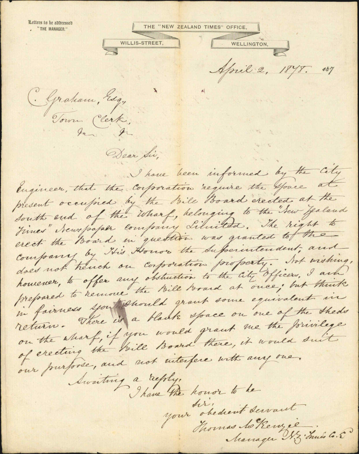 Re bill board erected at the south end of the wharf - New Zealand Times Co