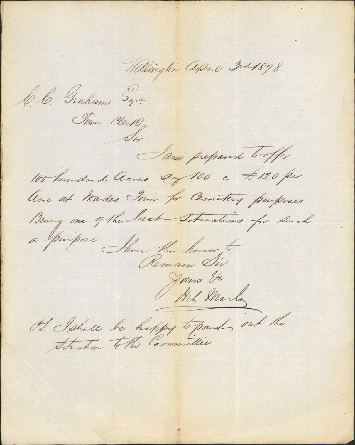 Re land in Wadestown for cemetery purposes - M L Marks