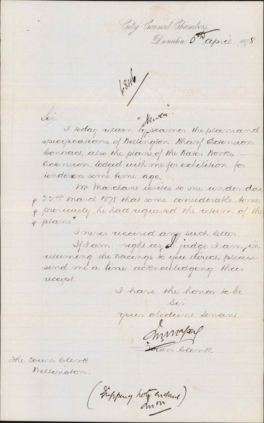 Re returning plans lodged for exhibition for tenderers - Town Clerk, Dunedin