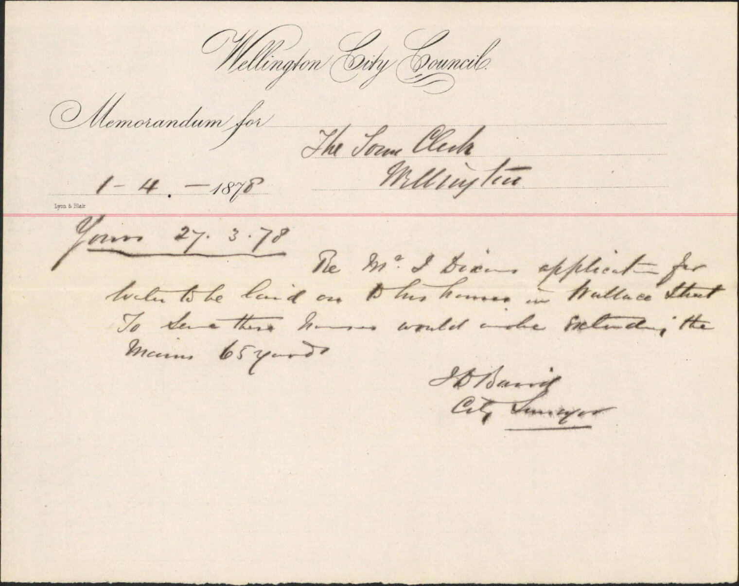 Memo to Town Clerk re laying water to Mr Dixon's house, Wallace Street - J Baird, City Surveyor