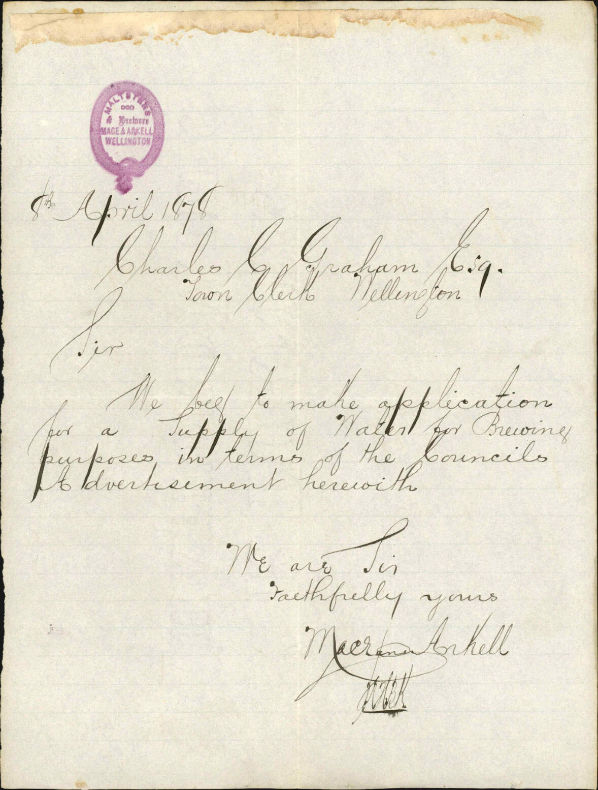 Re asking for supply of water for brewing purposes - Mace and Arkell