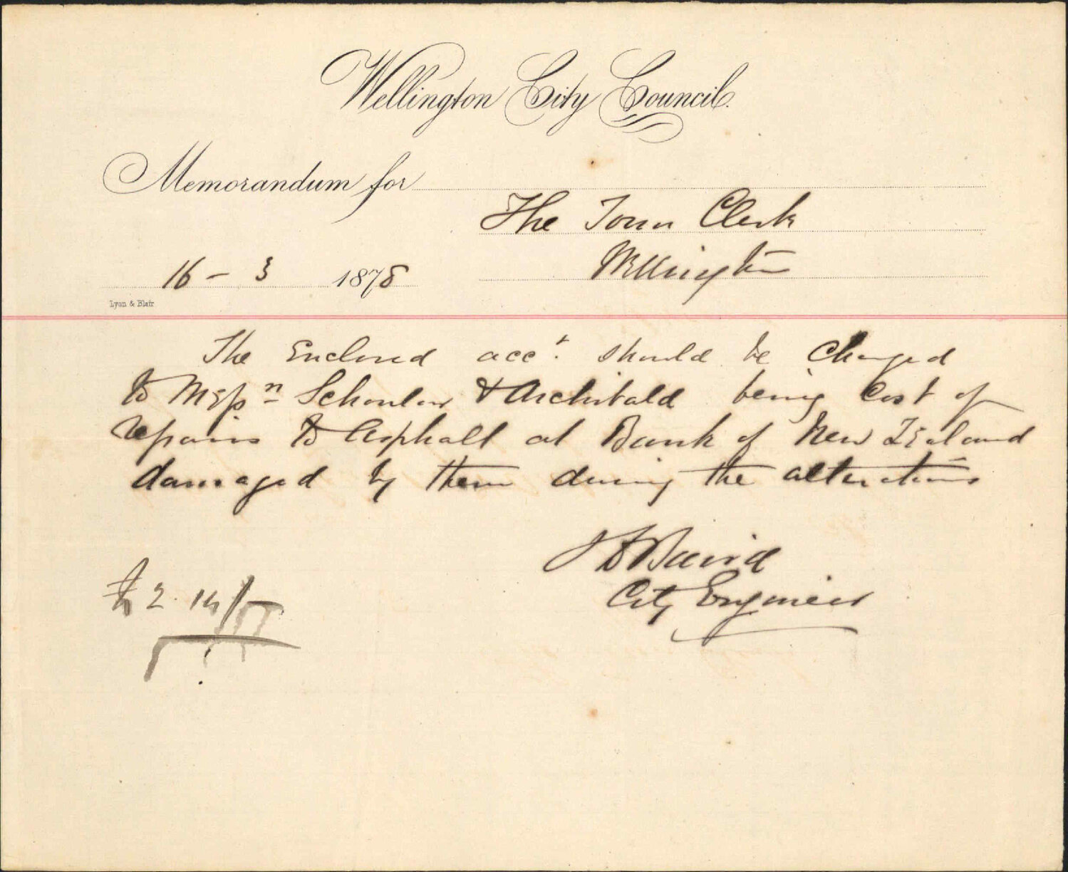 Re memo to Town Clerk re compensation for damage to Bank of New Zealand [BNZ] during alterations - City Engineer