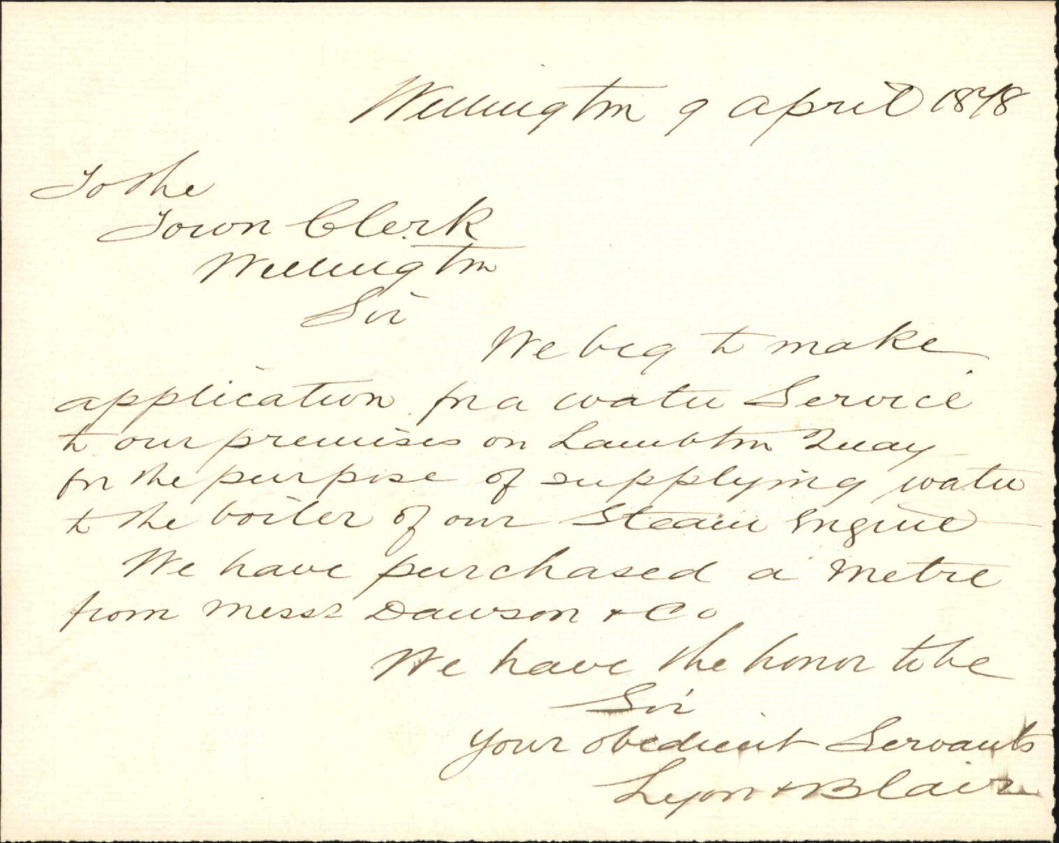 Application for water service to premises, Lambton Quay - Lyon and Blair