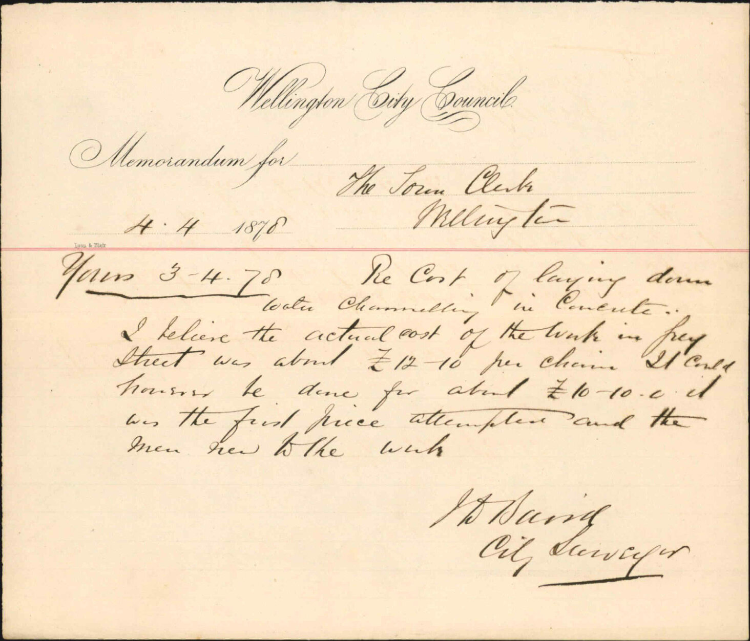 Re memo to Town Clerk re cost of laying down water channelling in concrete - J Baird, City Surveyor