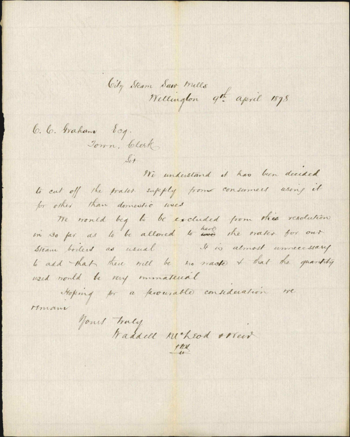 Re cutting of water supply to non-domestic users - Waddel McLeod and Weir