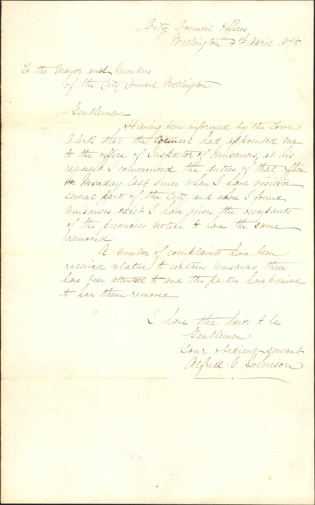 Re appointment as Inspector of Nuisances - Alfred G Johnson