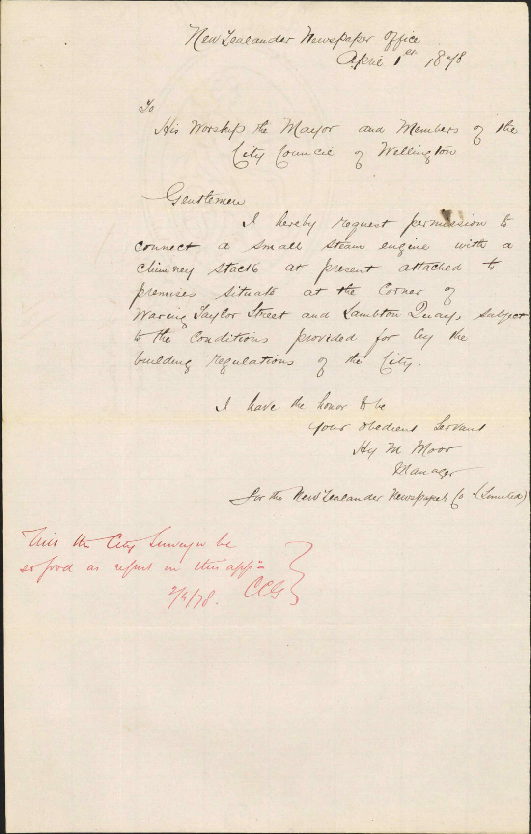 Re application to connect a small steam engine with a chimney stack, corner Waring Taylor Street and Lambton Quay - New Zealand Newspaper Office
