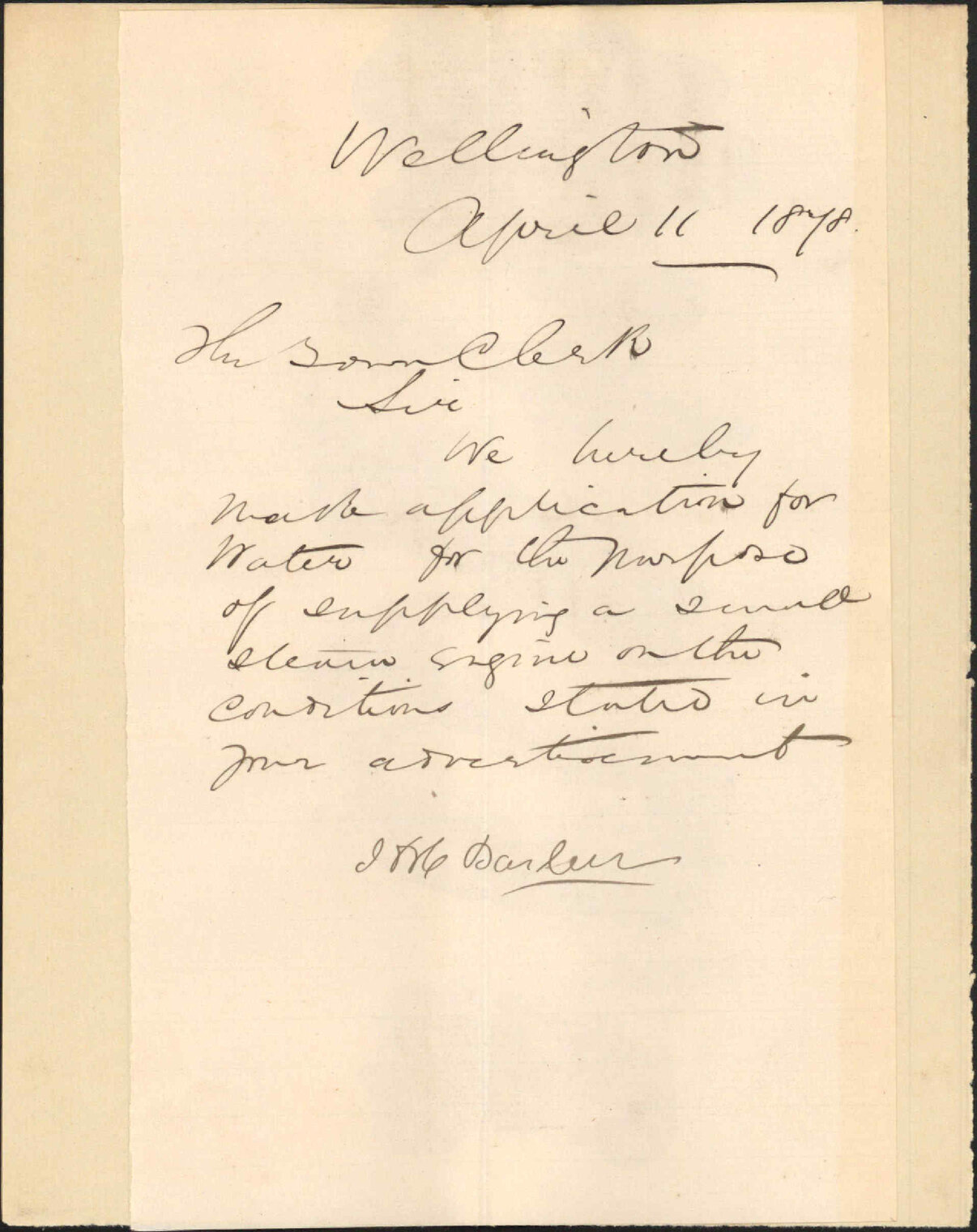 Re application for water service to run a steam engine - Mr Barber