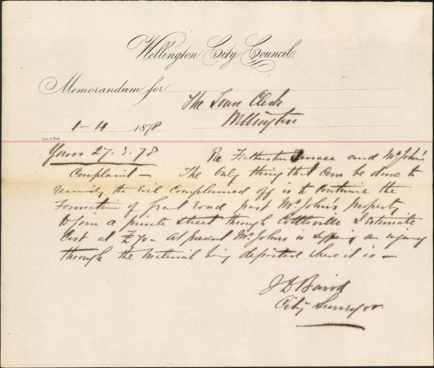 Re memo to Town Clerk re Featherston Terrace - J Baird, City Surveyor