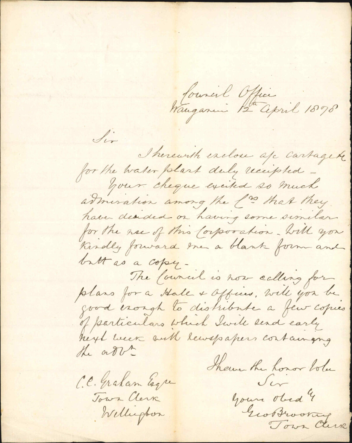 Re enclosed account for cartage for the water plant duly receipted - Town Clerk, Wanganui