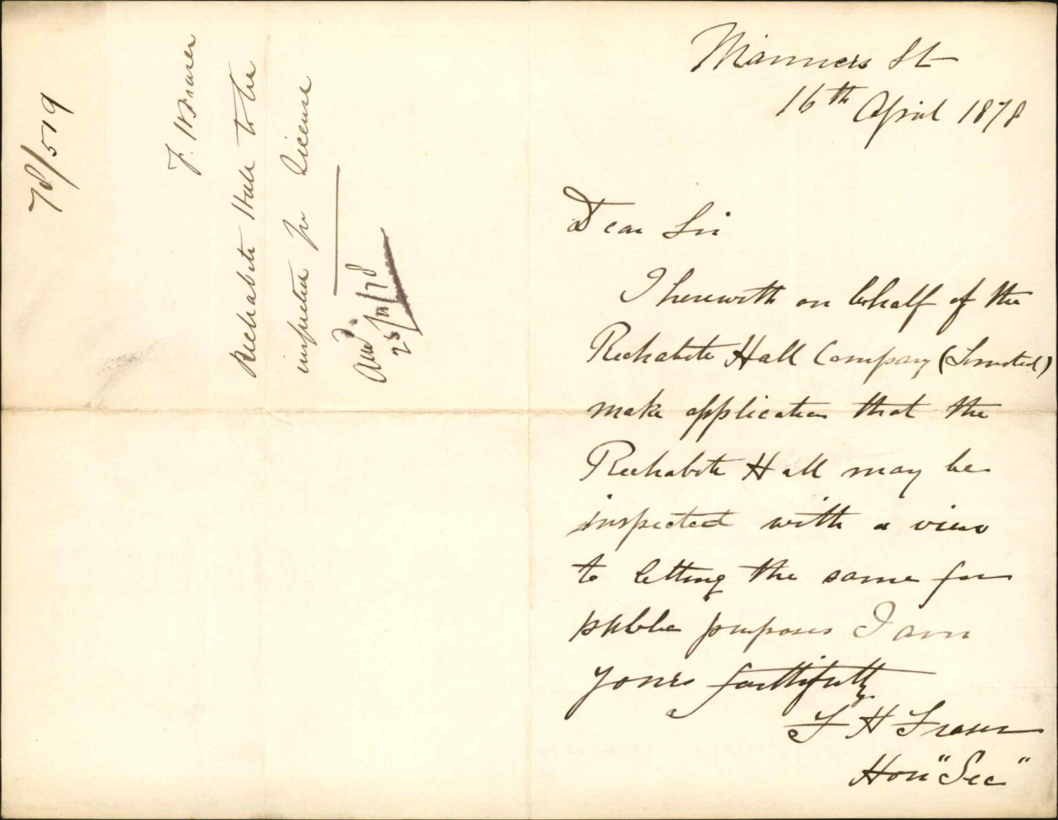 Application for public hall licence for Rechabite Hall - F H Fraser