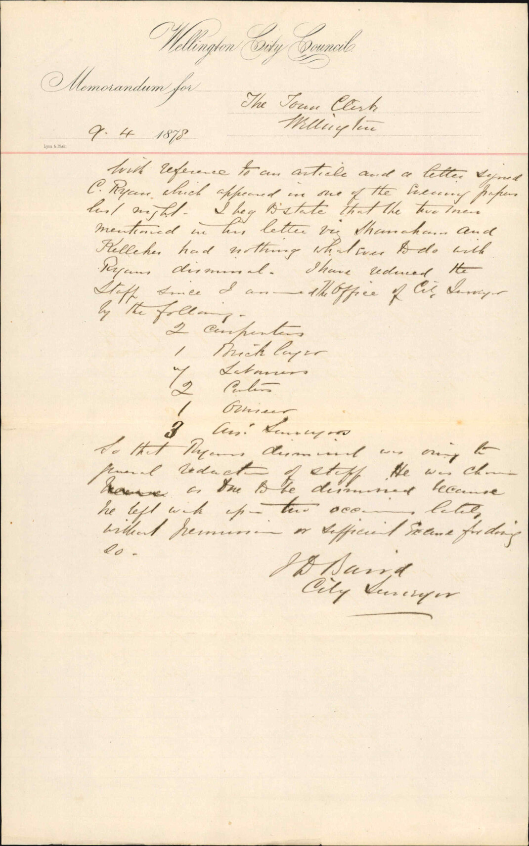 Re memo to Town Clerk re article and letter re C Ryan - City Surveyor