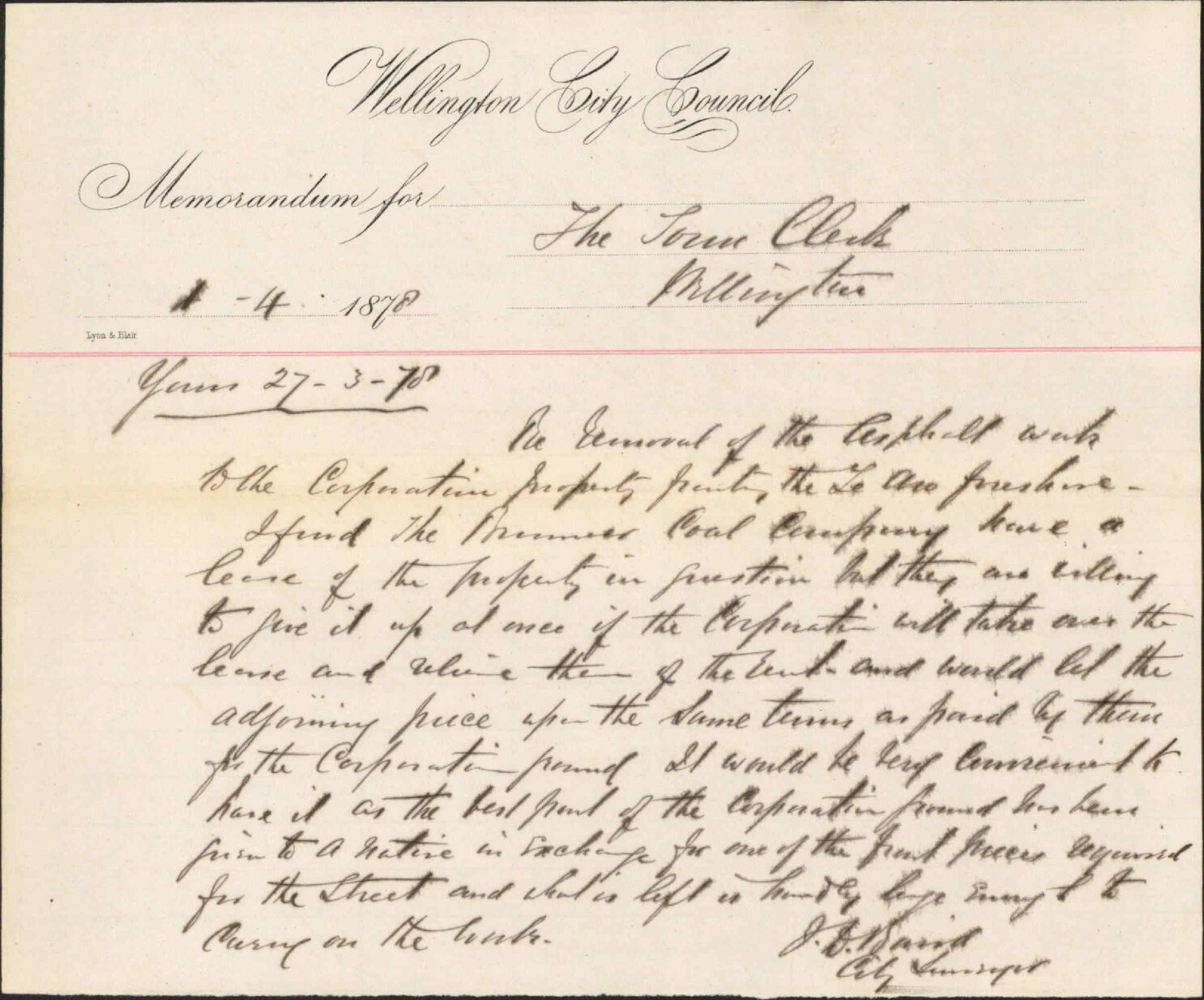 Re memo to Town Clerk re moving of asphalte works - J Baird, City Surveyor