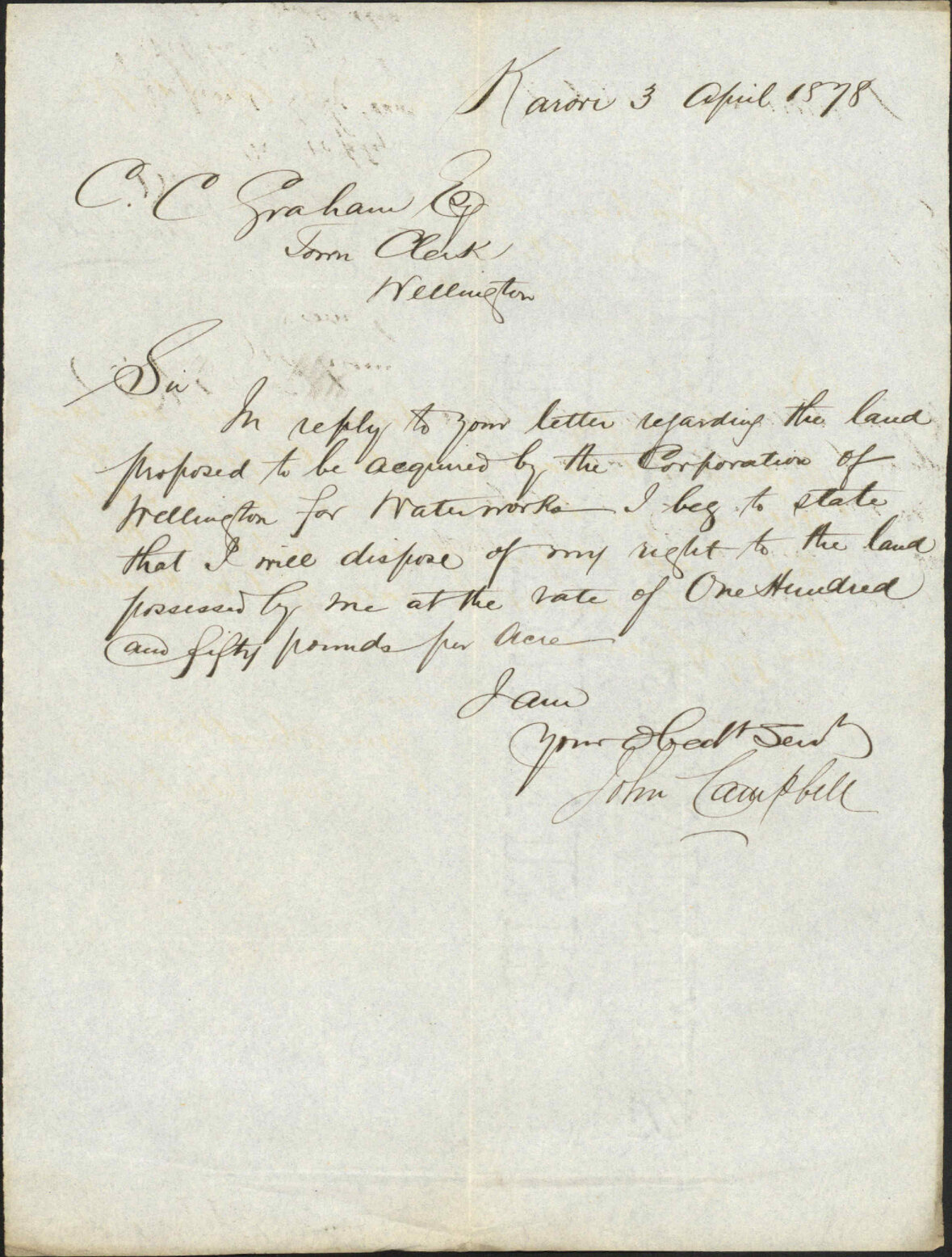 Re land to be acquired for waterworks - John Campbell