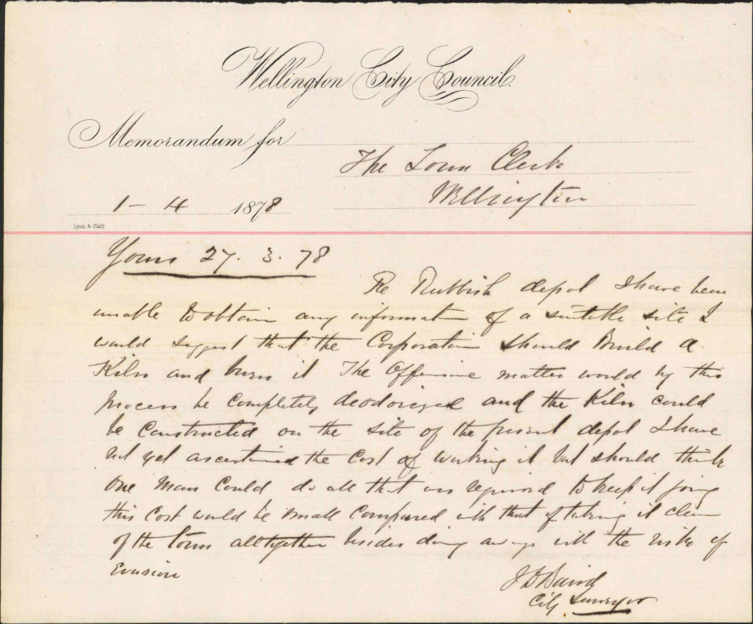 Memo to Town Clerk re rubbish tip site - J Baird, City Surveyor