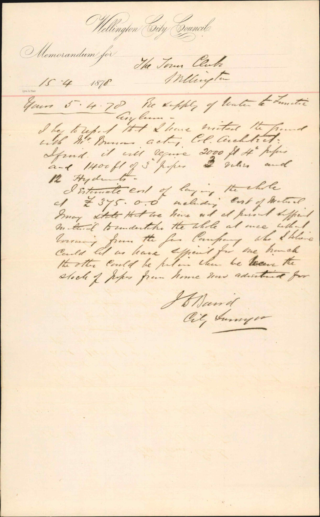 Re memo to Town Clerk re supply of water to lunatic asylum - J Baird, City Surveyor