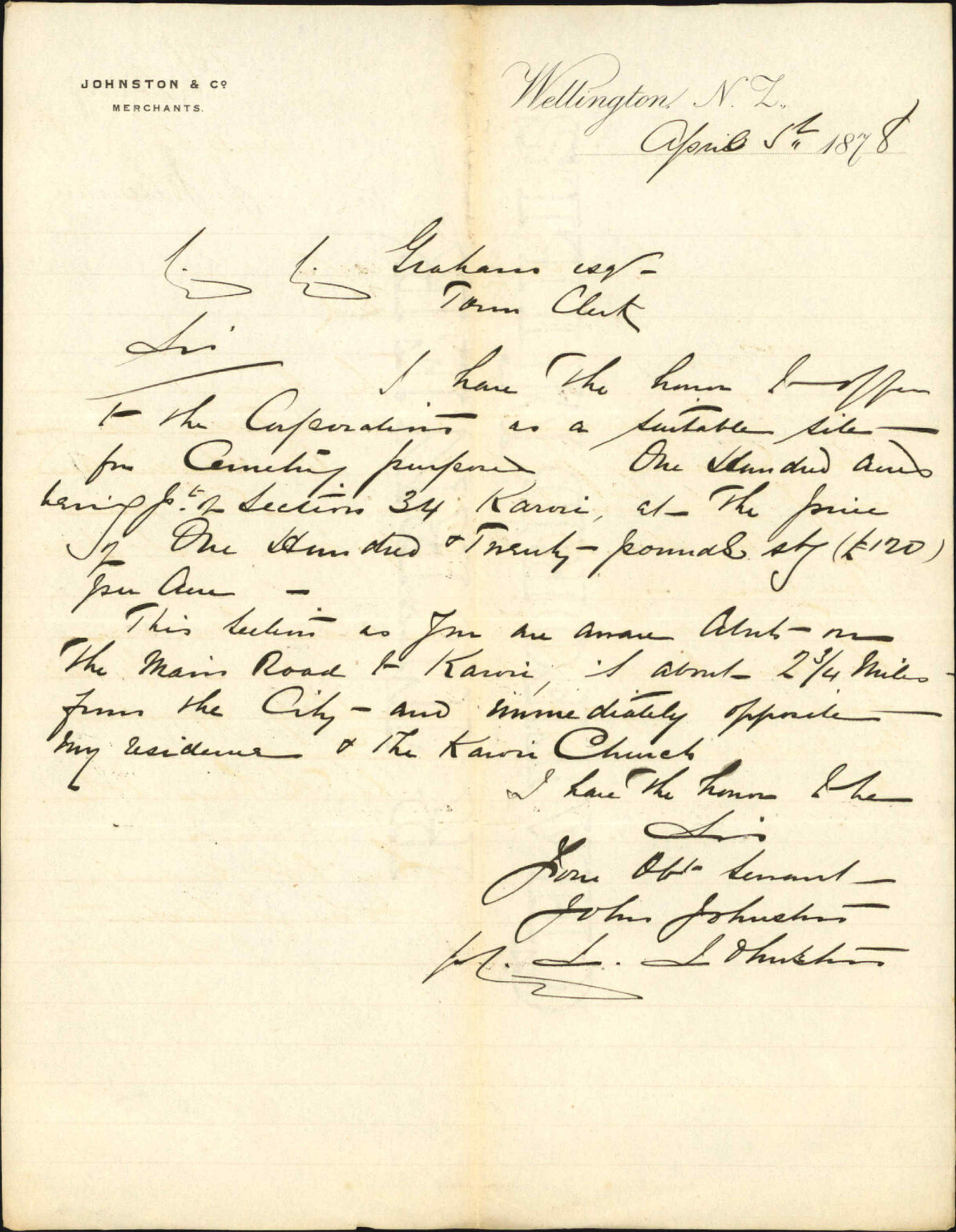 Re land in Wadestown for cemetery purposes - John Johnston