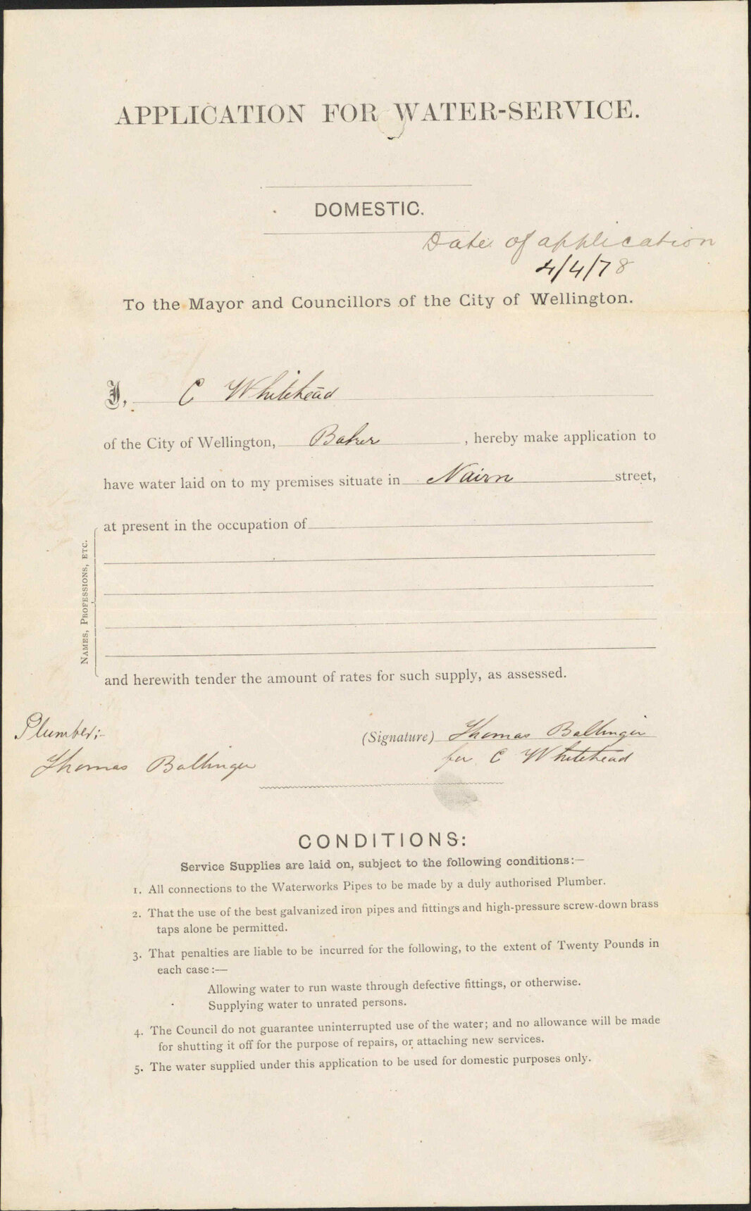 Re application for domestic water service - T Ballinger for C Whitehead