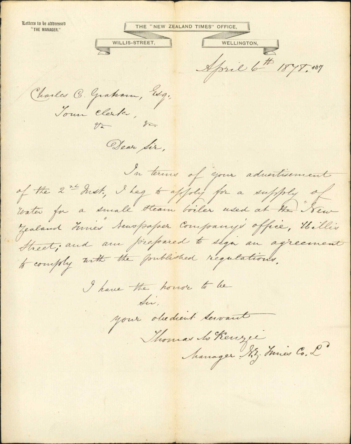 Applying for water supply to run steam boiler at office, Willis Street - New Zealand Times Co