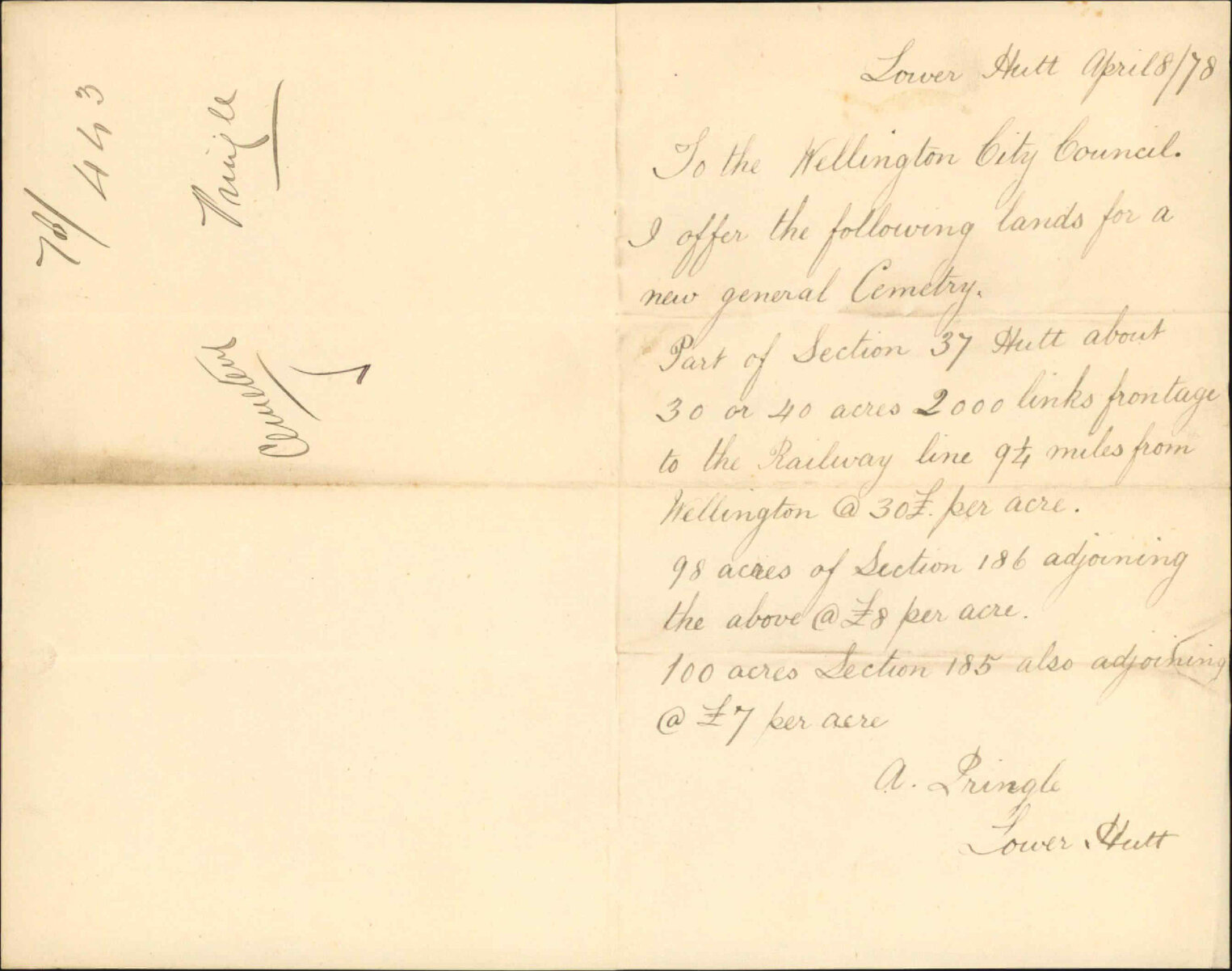 Offer of lands for new cemetery - A Pringle