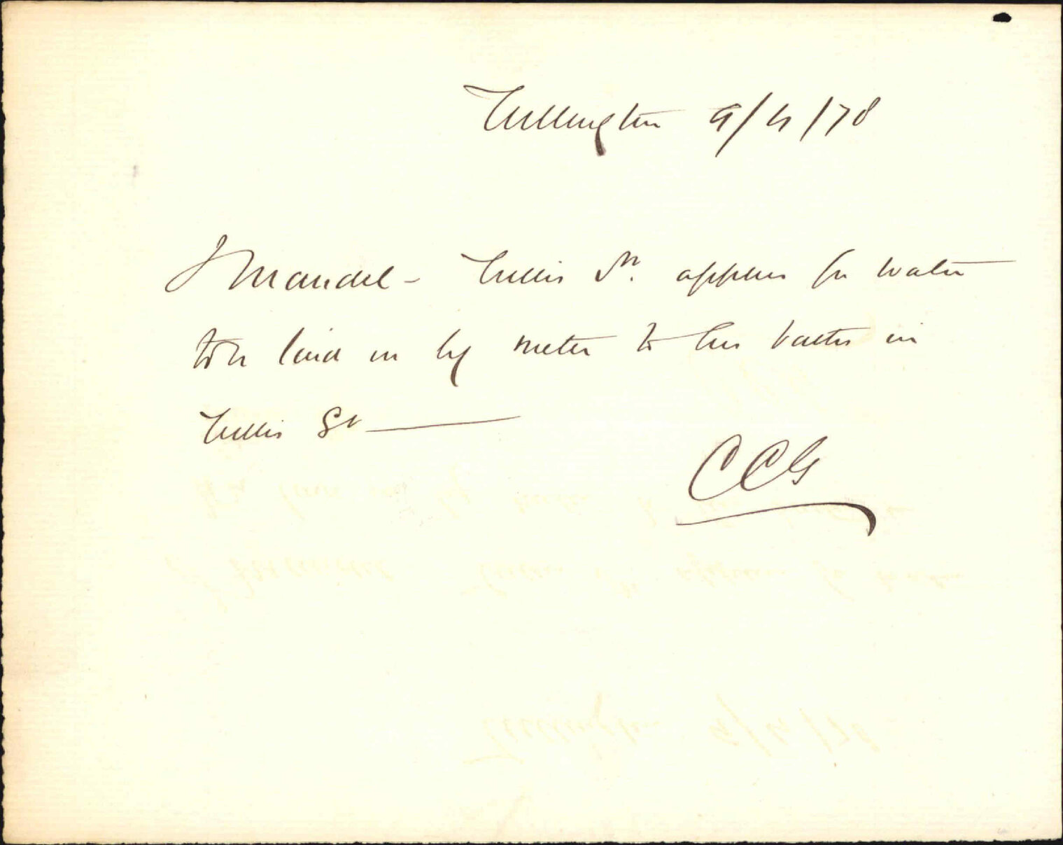 Re request for water to be laid on by meter to baths in Willis Street - J Mandell