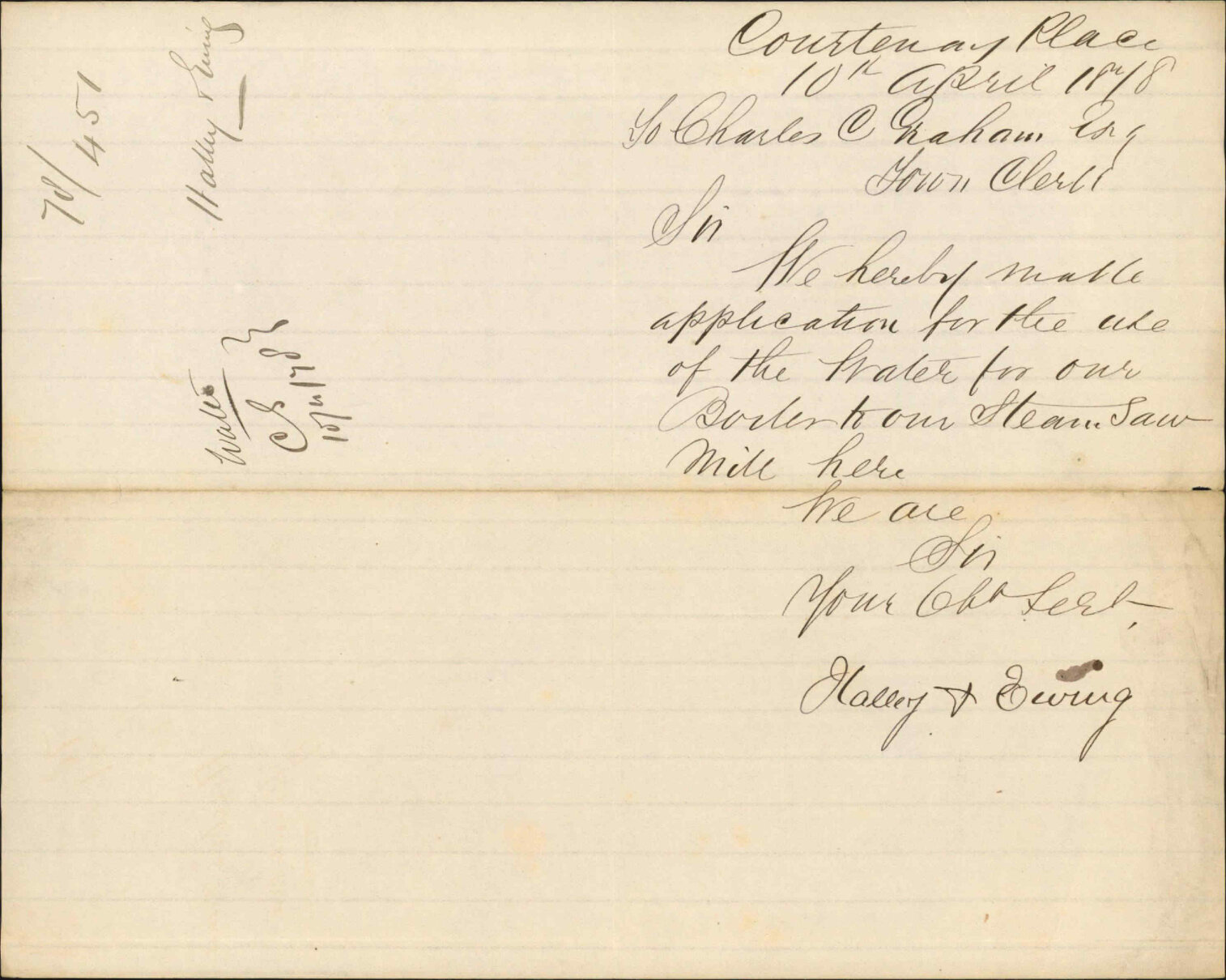 Re application for water service for steam saw mill, Courtenay Place - Halley and Ewing