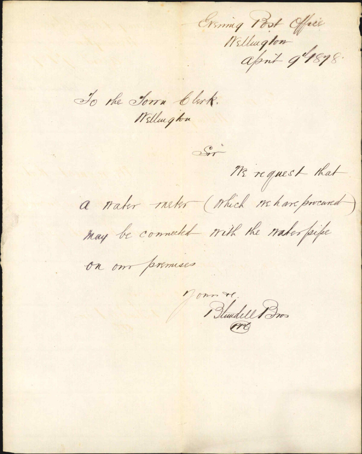 Re request for water meter be connected with water pipe on premises - Blundell Bros