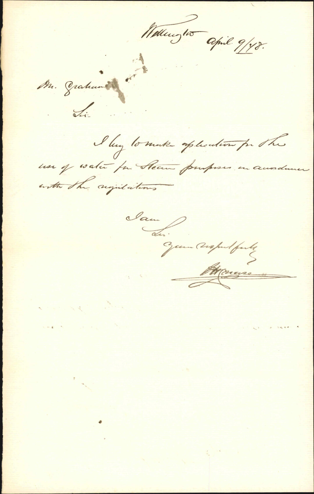 Application for the use of water for steam purposes - Mr Crease